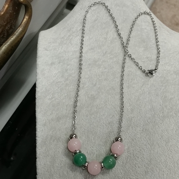 Rose Quartz Aventurine Beaded Necklace Natural Gemstone Crystal Stainless-Steel - Picture 14 of 14